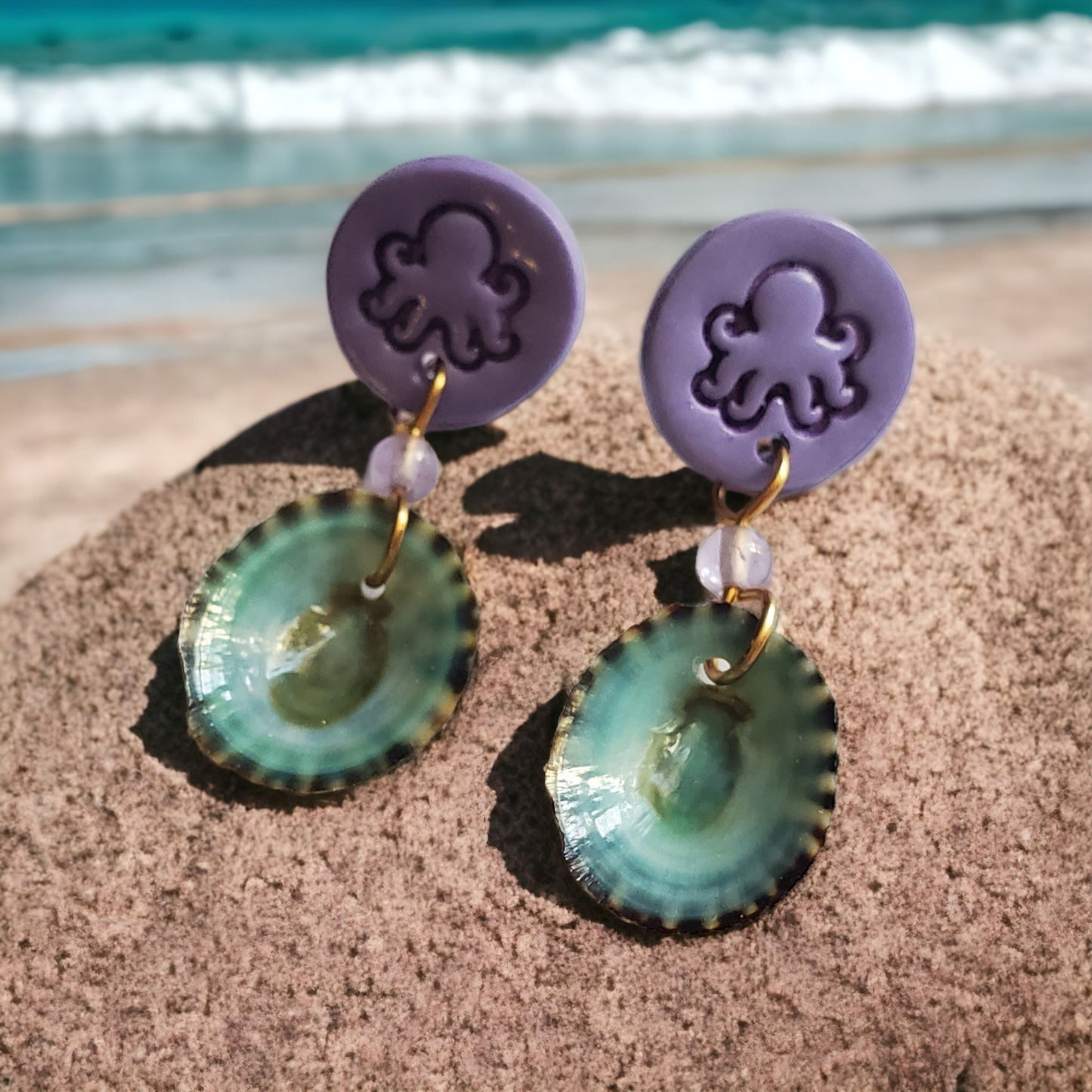 Purple Octopus and Blue Seashell Earrings