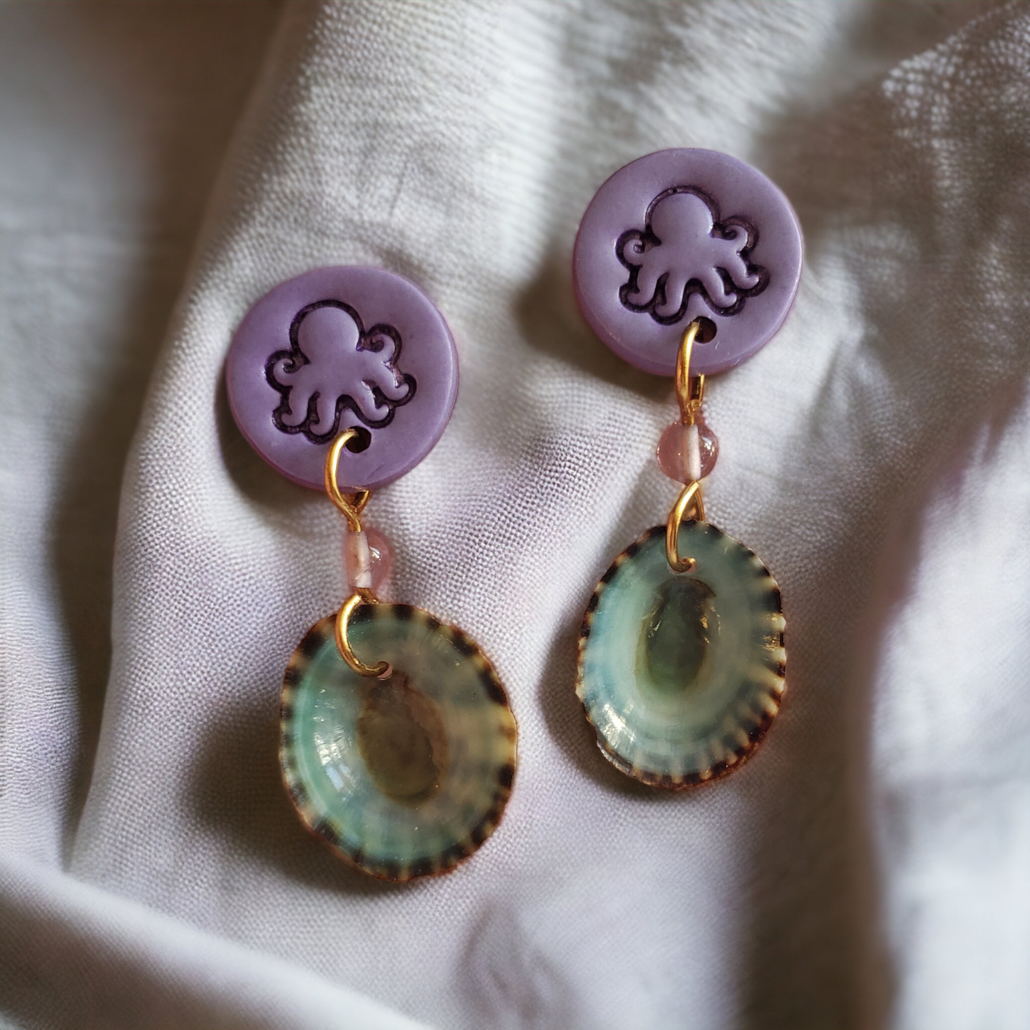 Purple Octopus and Blue Seashell Earrings