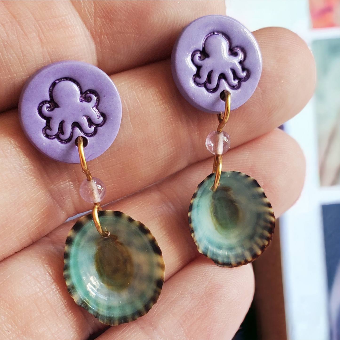 Purple Octopus and Blue Seashell Earrings