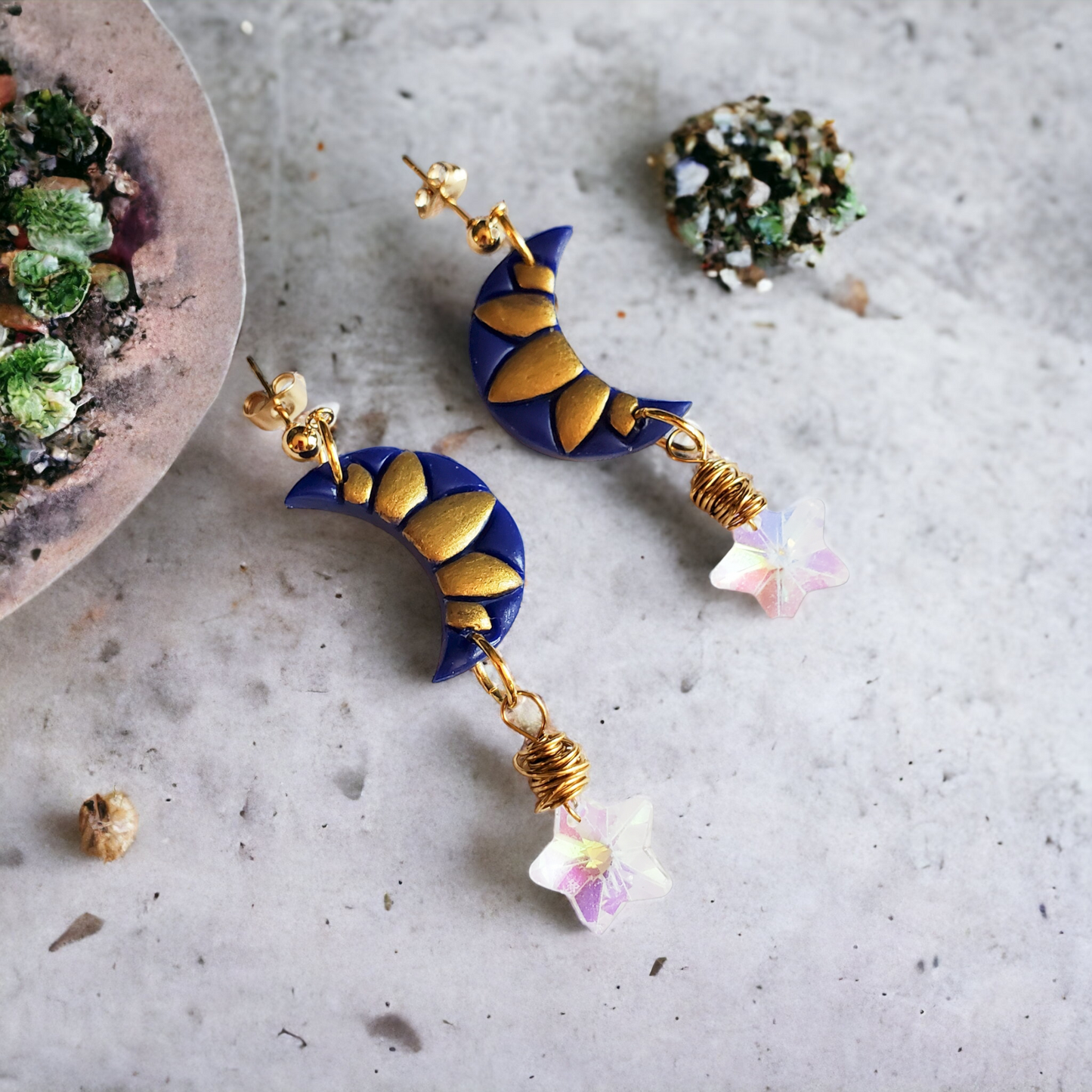 Gold and Blue Moon and Star Earrings