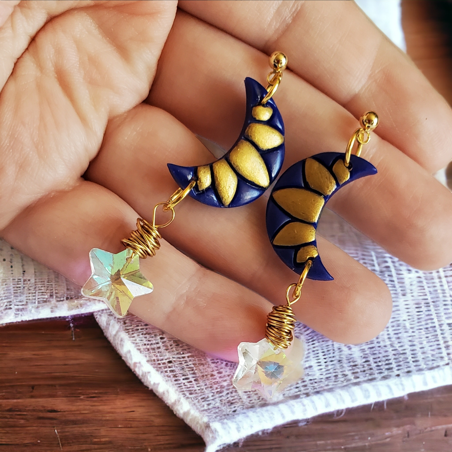 Gold and Blue Moon and Star Earrings