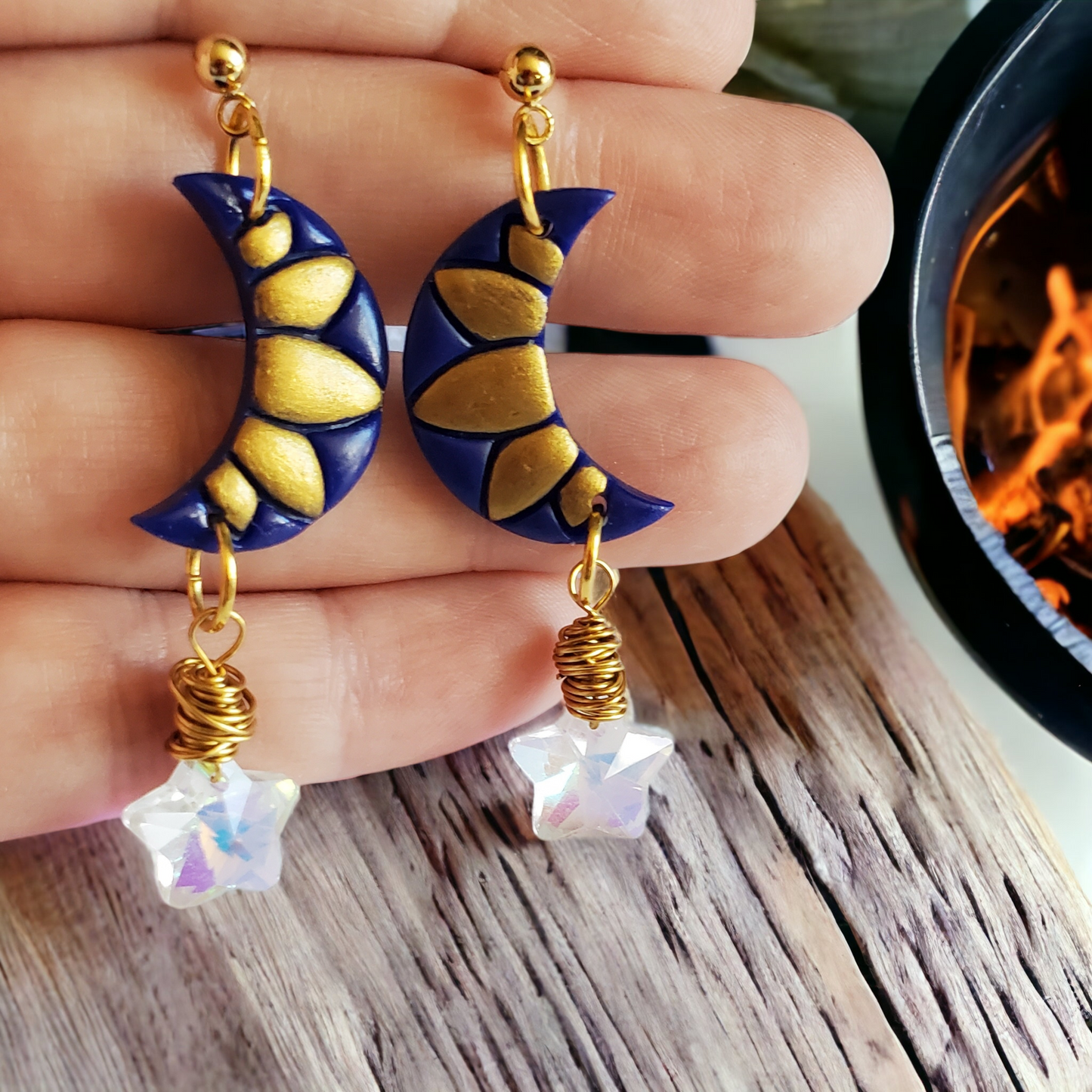 Gold and Blue Moon and Star Earrings