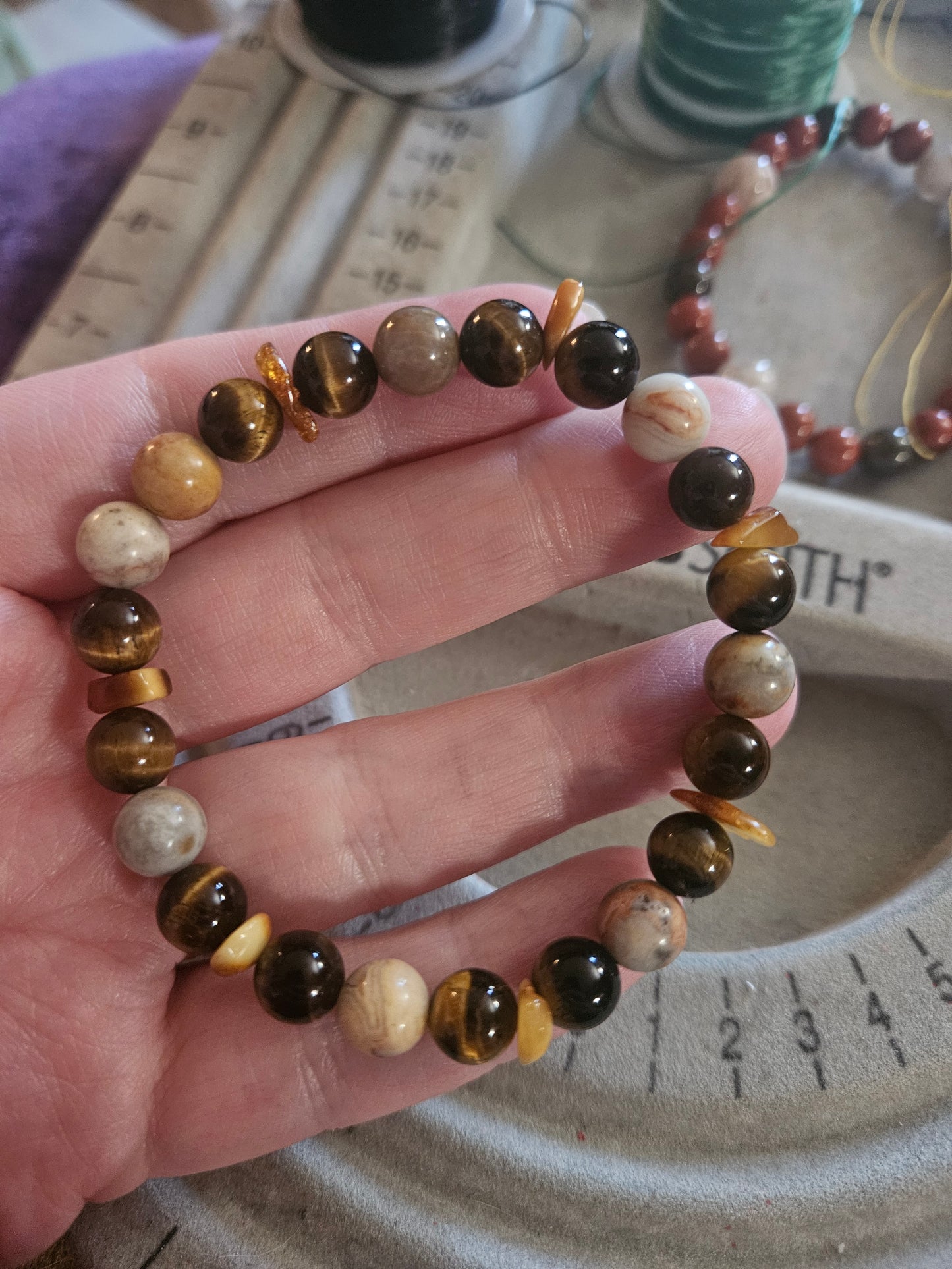 Emberwake – Tigers Eye, Mexican Crazy Lace Agate and Natural Amber Bracelet