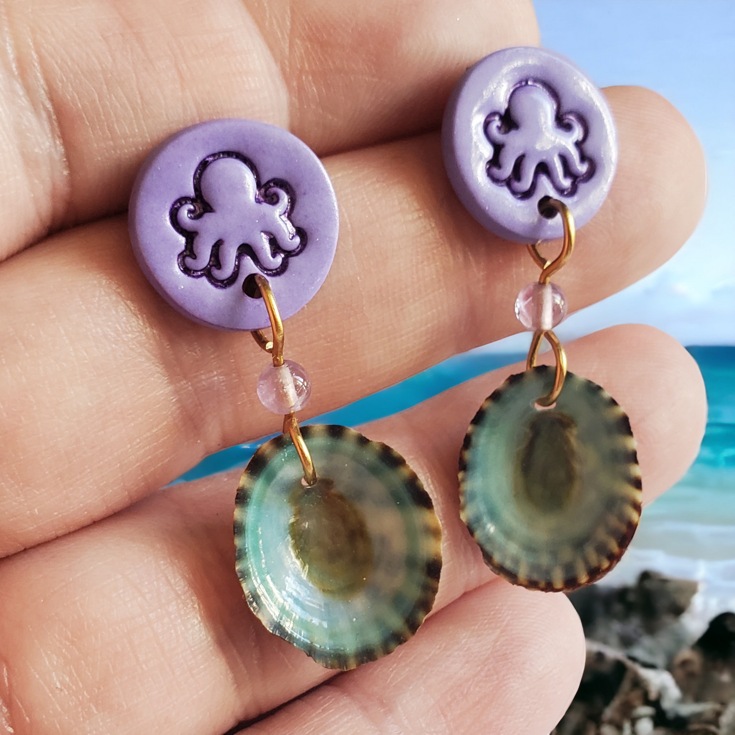 Purple Octopus and Blue Seashell Earrings