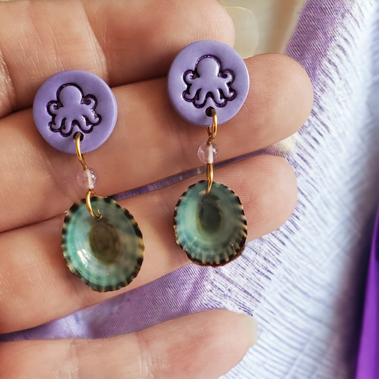 Purple Octopus and Blue Seashell Earrings