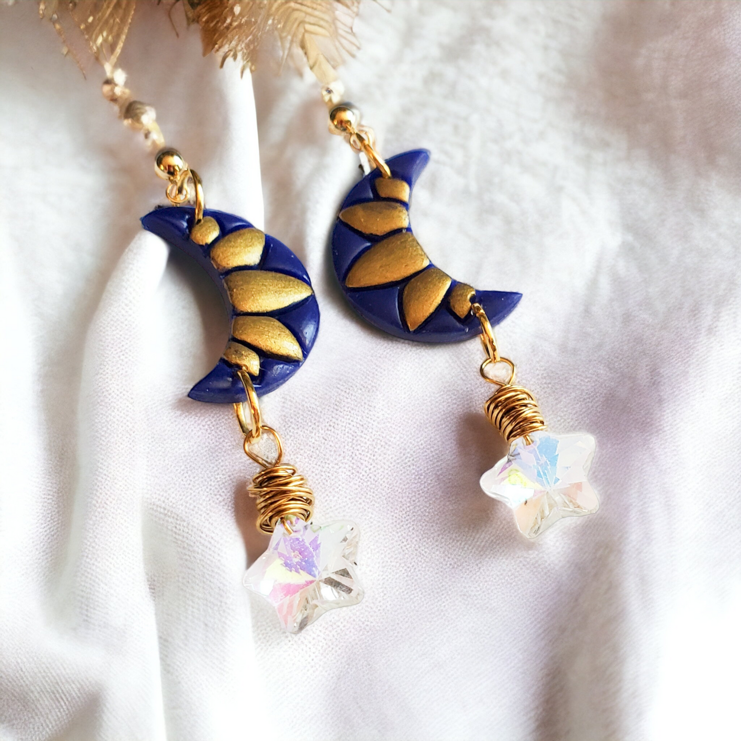 Gold and Blue Moon and Star Earrings