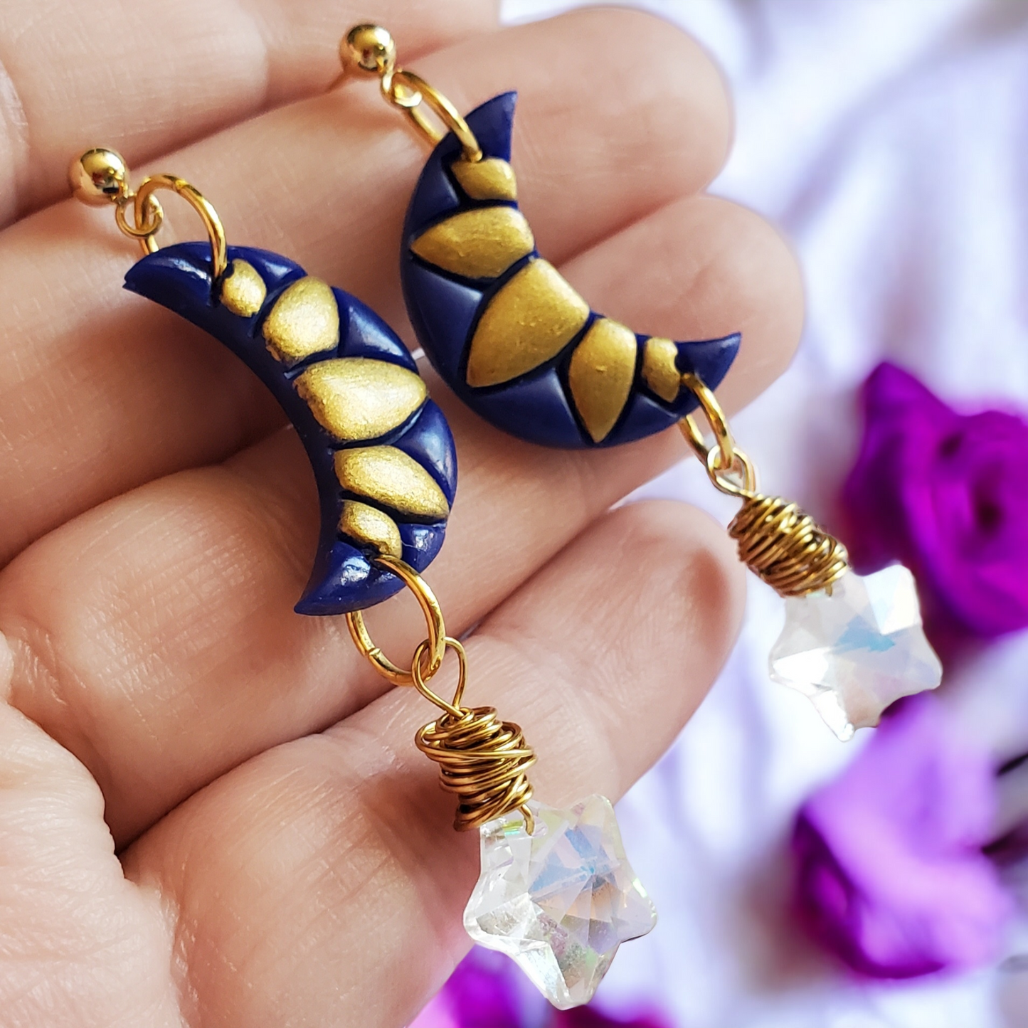 Gold and Blue Moon and Star Earrings