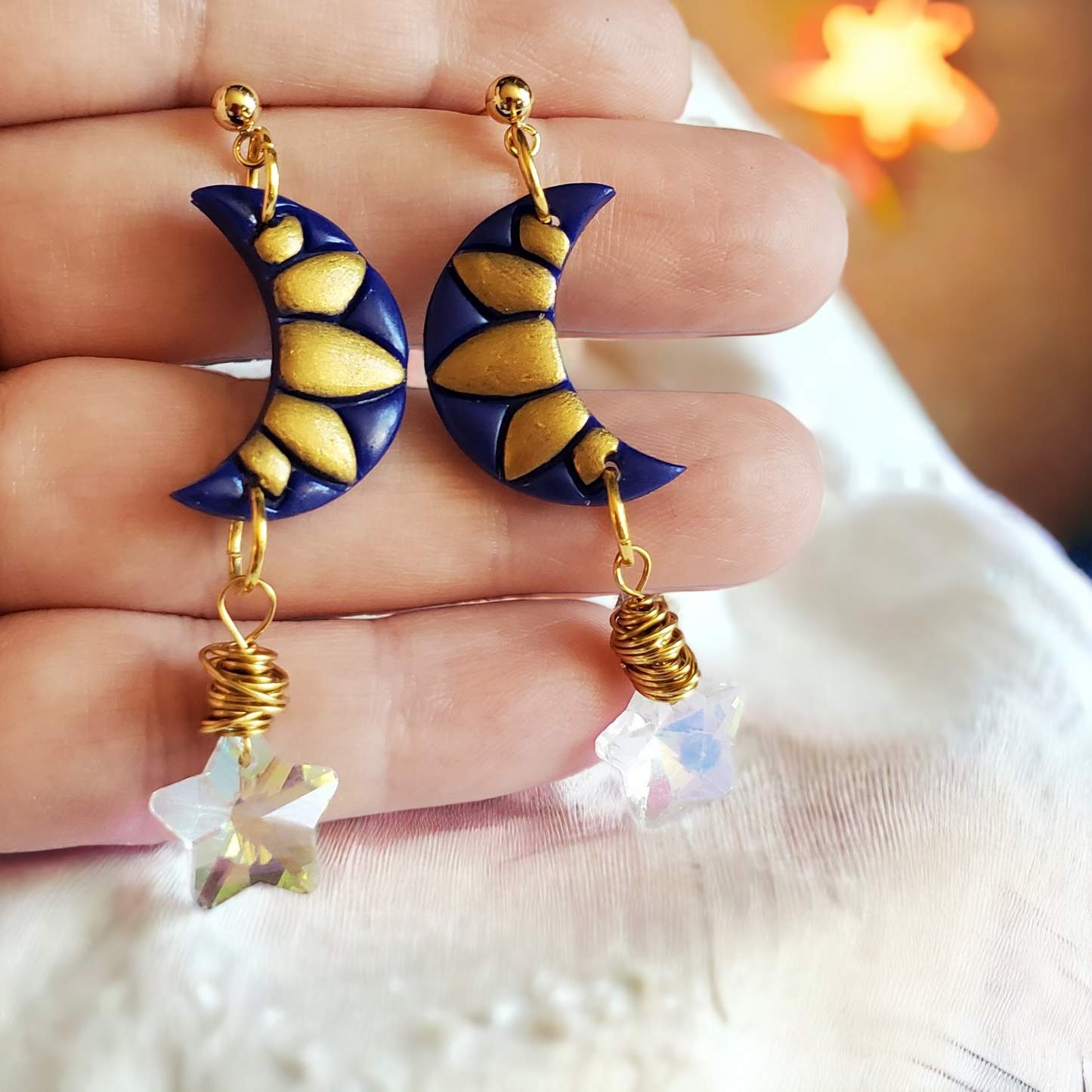 Gold and Blue Moon and Star Earrings