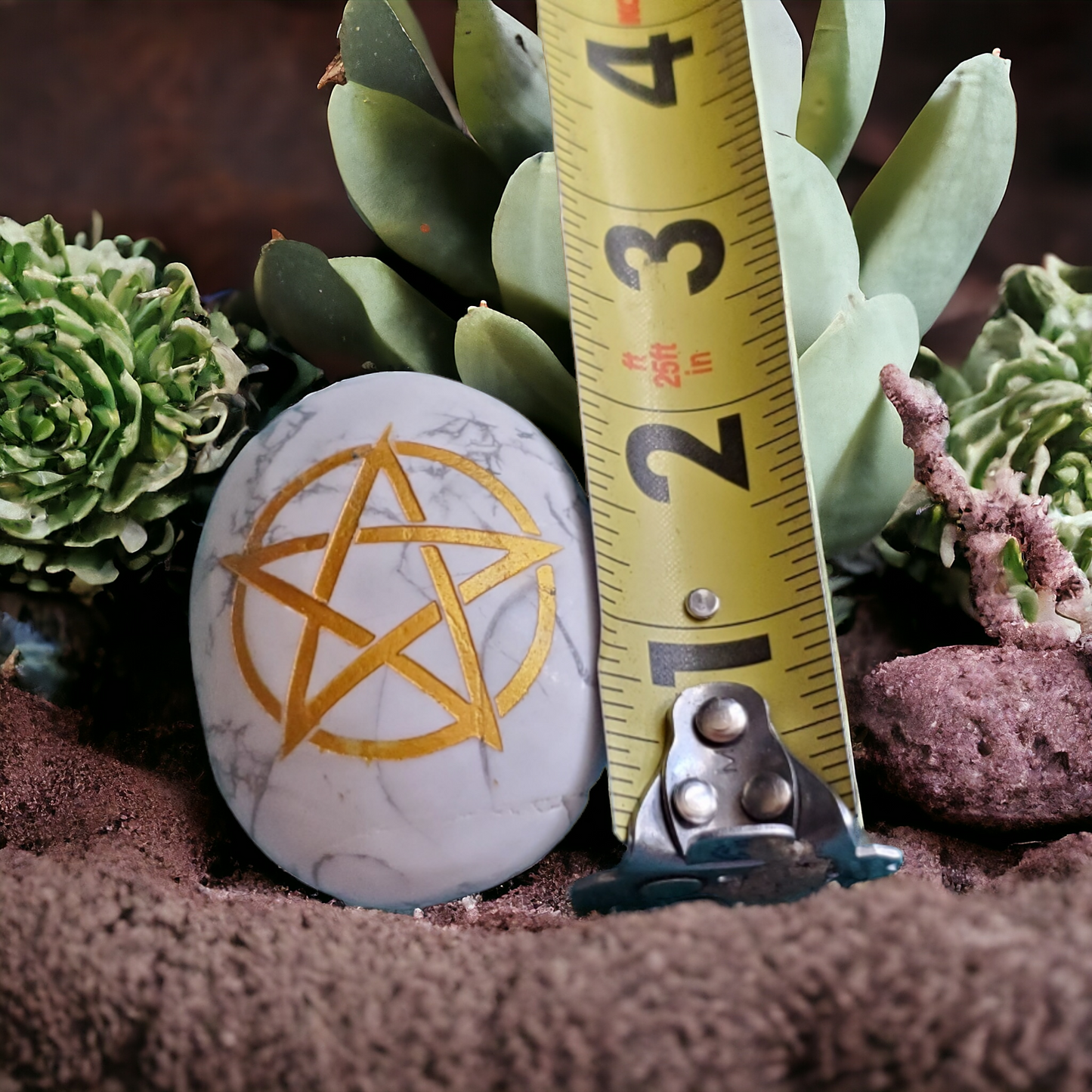 Howlite Crystal Palmstone with Etched Pentacle