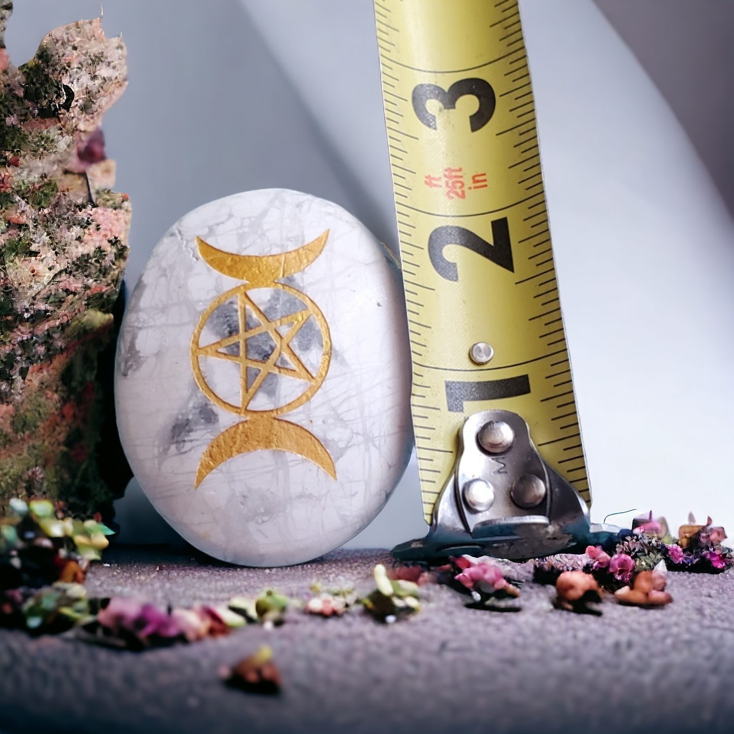 Howlite Crystal Palmstone with Etched Pentacle Triple Moon