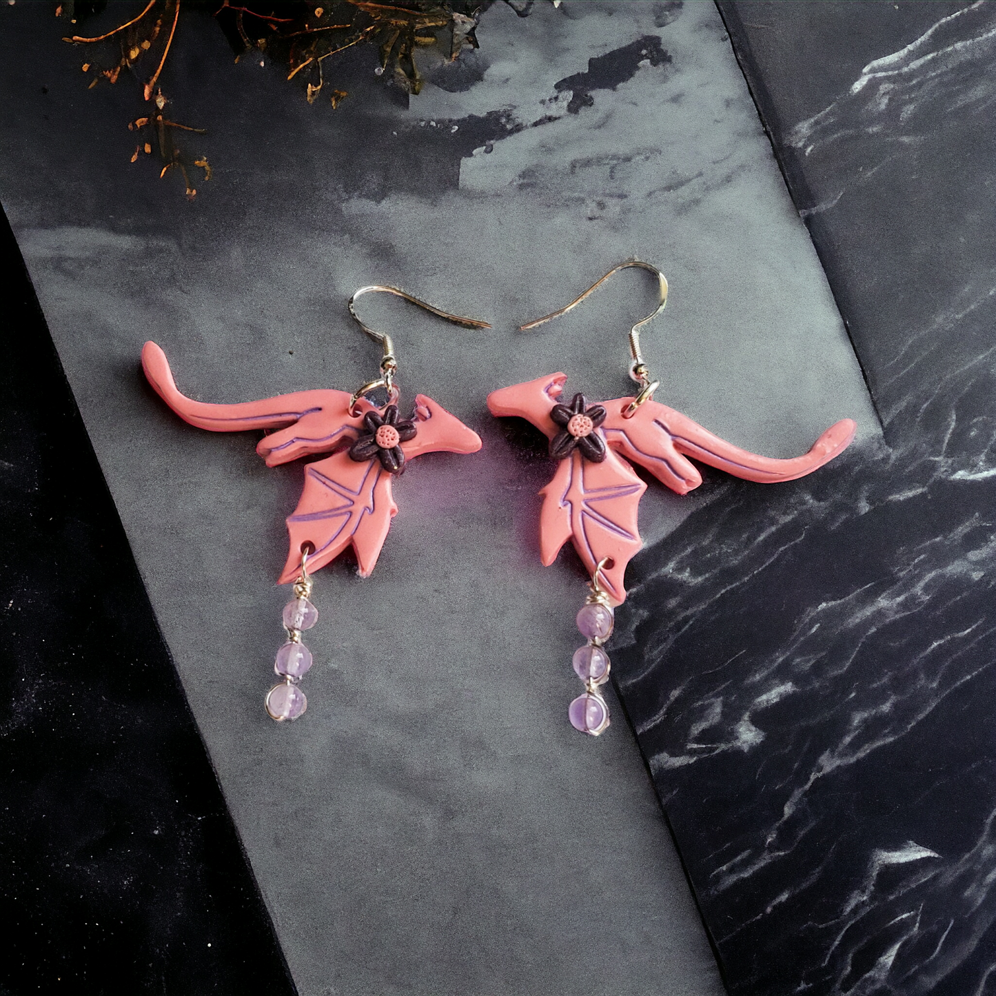 Pink Dragon Earrings with Amethyst