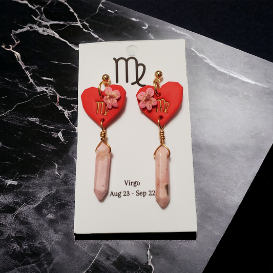 Virgo Heart Earrings with Rhodonite Points