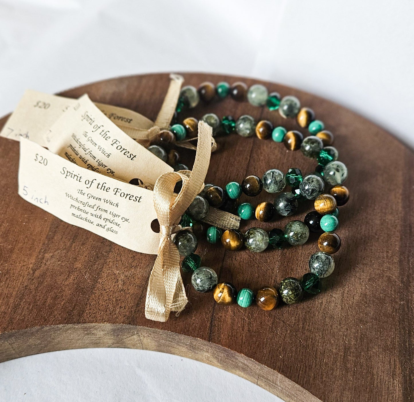 Spirit of the Forest – Green Crystal Talisman Bracelet with Malachite, Prehnite, Tiger Eye & Glass Beads
