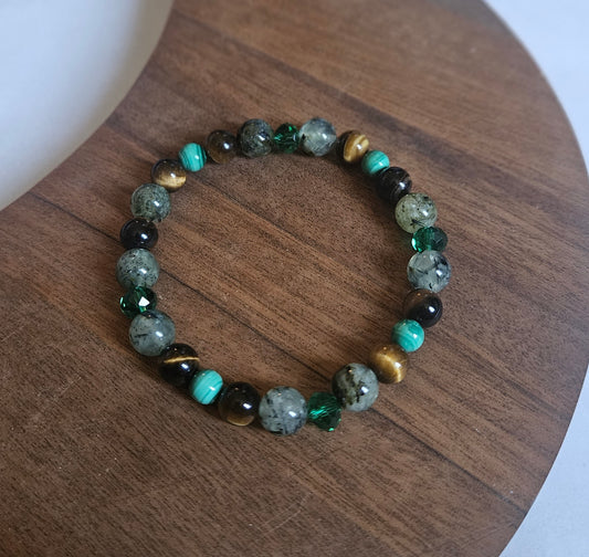 Forest Sprite – Green Crystal Talisman Bracelet with Malachite, Prehnite, Tiger Eye & Glass Beads