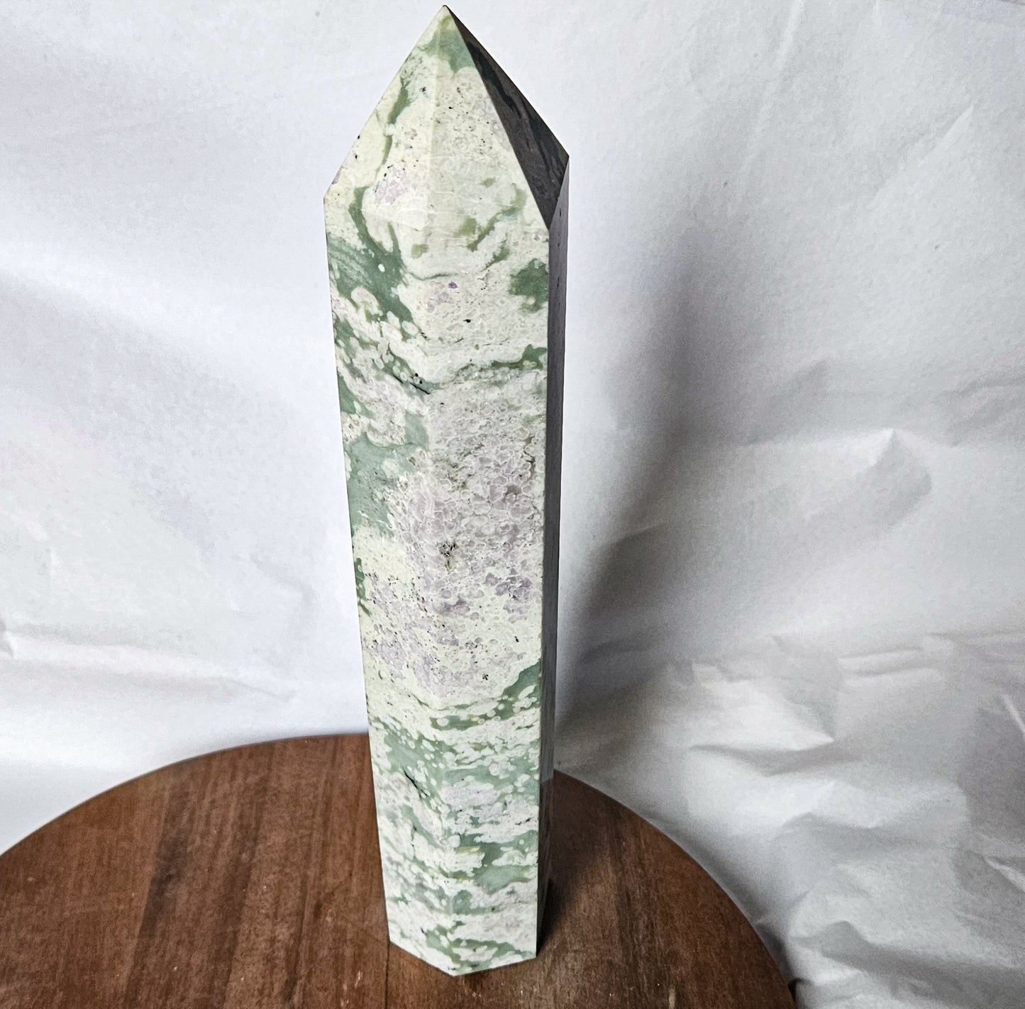 Peace Jade Tower (2 lbs 9 oz, 9.75") – Crystal Point for Harmony, Inner Healing & Emotional Balance | Polished Serpentine, Jade & White Quartz Tower for Calm Energy