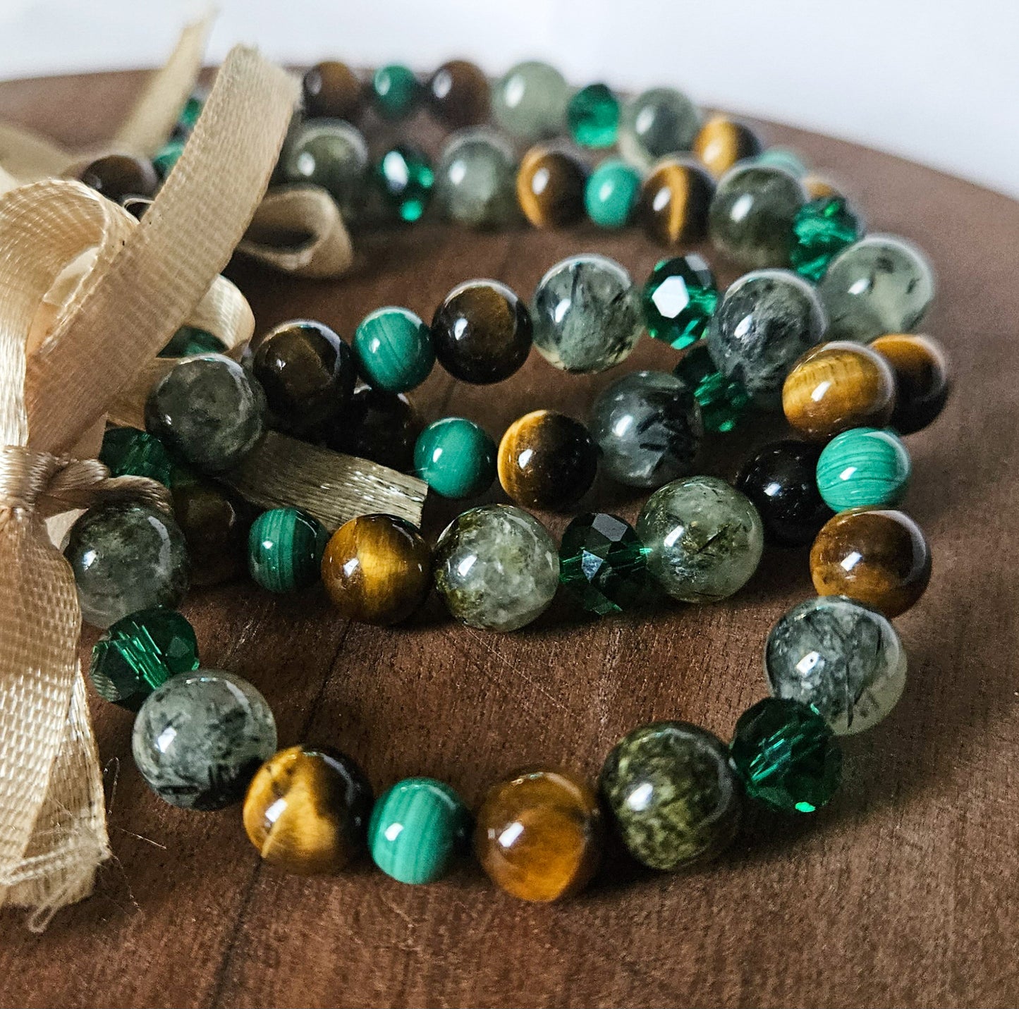 Spirit of the Forest – Green Crystal Talisman Bracelet with Malachite, Prehnite, Tiger Eye & Glass Beads