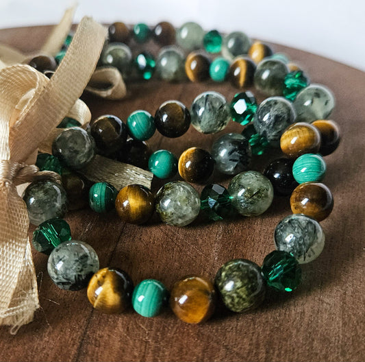 Spirit of the Forest – Green Crystal Talisman Bracelet with Malachite, Prehnite, Tiger Eye & Glass Beads