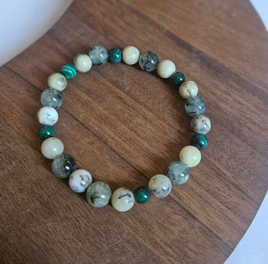 Shadow Garden – Grounding Crystal Bracelet with Dendritic Opal, Prehnite & Malachite for Nature-Aligned Healing